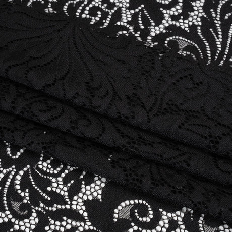 Raschel Lace Panel with Scalloped Finished Edges - Black Ornamental Floral