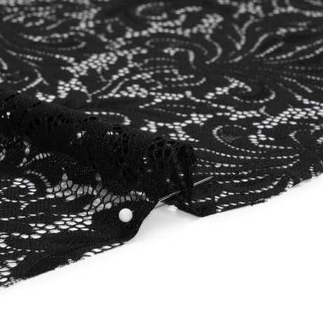 Raschel Lace Panel with Scalloped Finished Edges - Black Ornamental Floral