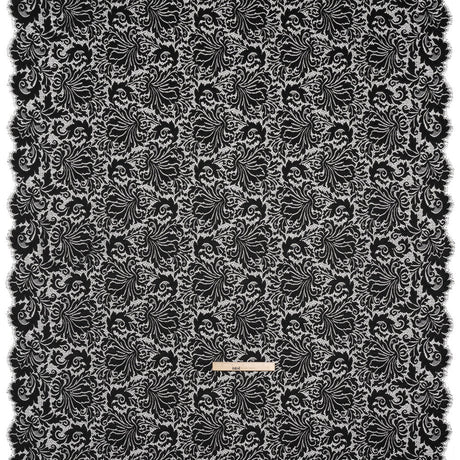 Raschel Lace Panel with Scalloped Finished Edges - Black Ornamental Floral