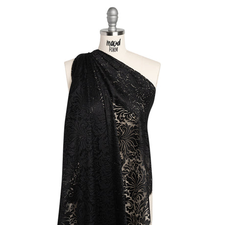 Raschel Lace Panel with Scalloped Finished Edges - Black Ornamental Floral