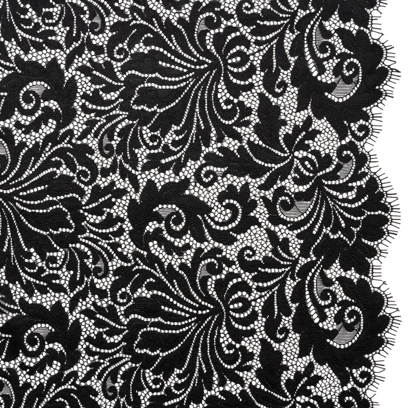 Raschel Lace Panel with Scalloped Finished Edges - Black Ornamental Floral