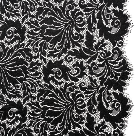 Raschel Lace Panel with Scalloped Finished Edges - Black Ornamental Floral