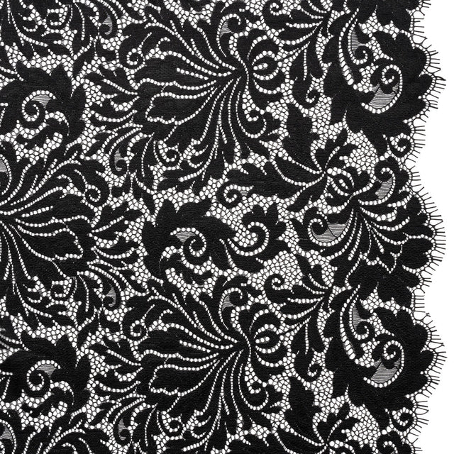 Raschel Lace Panel with Scalloped Finished Edges - Black Ornamental Floral