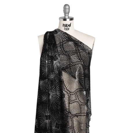 Metallic Raschel Lace Panel with Finished Edges - Black and Silver Sun Ray Ogees