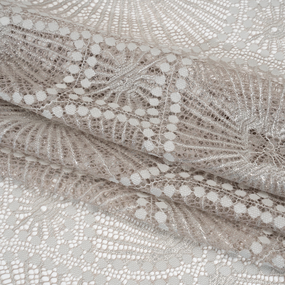 Metallic Raschel Lace Panel with Finished Edges - Sandstone Gray and Silver Sun Ray Ogees