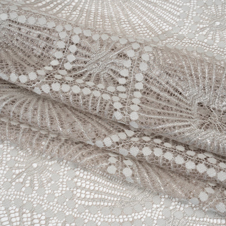 Metallic Raschel Lace Panel with Finished Edges - Sandstone Gray and Silver Sun Ray Ogees