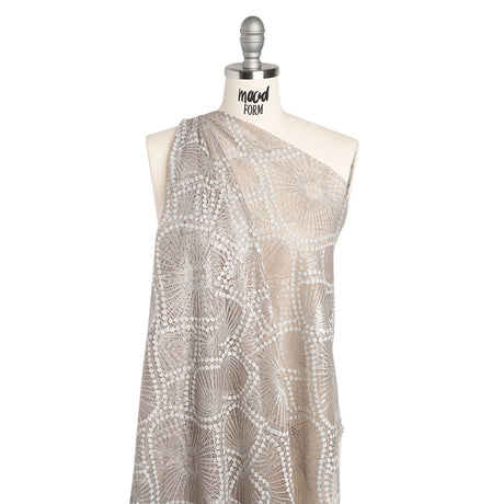Metallic Raschel Lace Panel with Finished Edges - Sandstone Gray and Silver Sun Ray Ogees