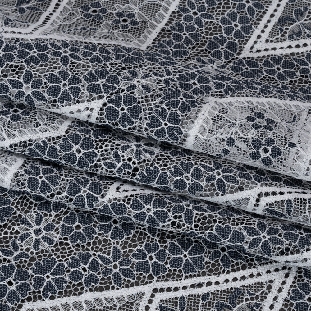 Re-Embroidered Raschel Lace Panel with Finished Edges - White and Navy Blue Flowers in Diamonds