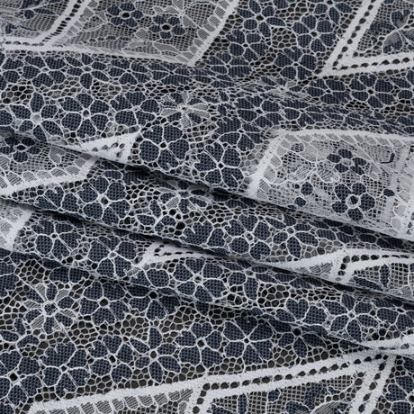 Re-Embroidered Raschel Lace Panel with Finished Edges - White and Navy Blue Flowers in Diamonds