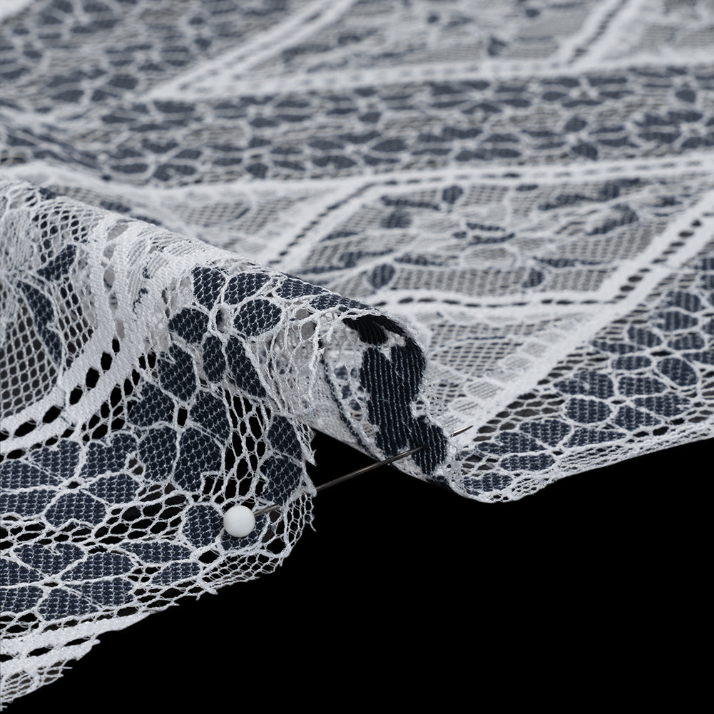 Re-Embroidered Raschel Lace Panel with Finished Edges - White and Navy Blue Flowers in Diamonds