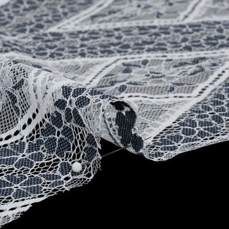 Re-Embroidered Raschel Lace Panel with Finished Edges - White and Navy Blue Flowers in Diamonds