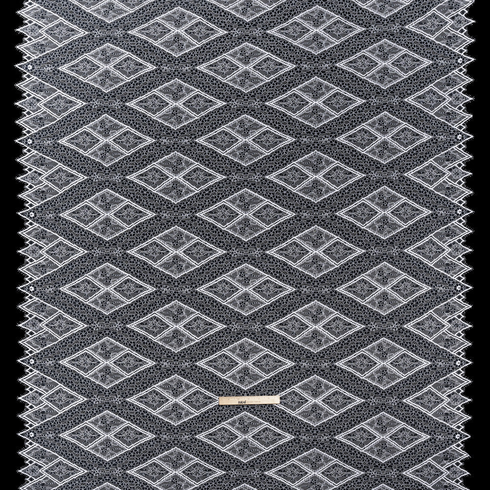 Re-Embroidered Raschel Lace Panel with Finished Edges - White and Navy Blue Flowers in Diamonds