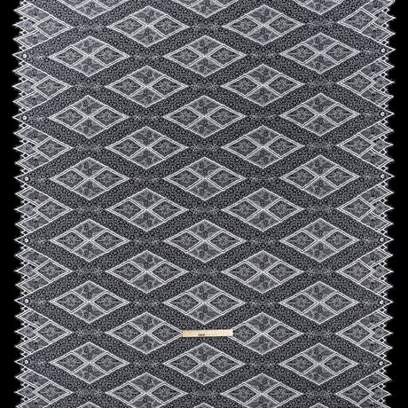 Re-Embroidered Raschel Lace Panel with Finished Edges - White and Navy Blue Flowers in Diamonds