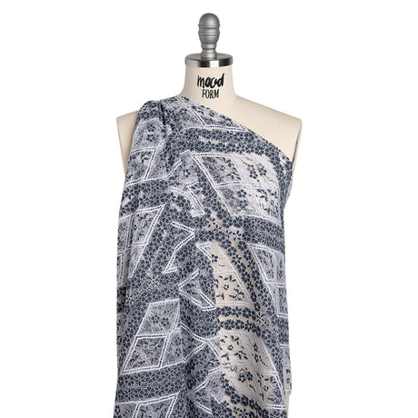 Re-Embroidered Raschel Lace Panel with Finished Edges - White and Navy Blue Flowers in Diamonds