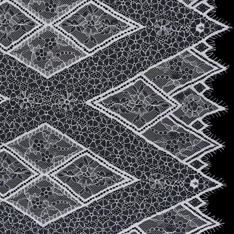 Re-Embroidered Raschel Lace Panel with Finished Edges - White and Navy Blue Flowers in Diamonds