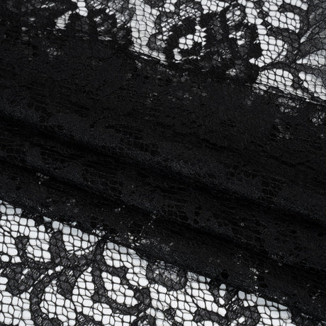 Raschel Lace with Finished Edges - Black Flowers and Leaves