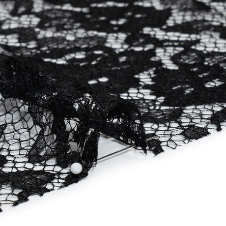 Raschel Lace with Finished Edges - Black Flowers and Leaves