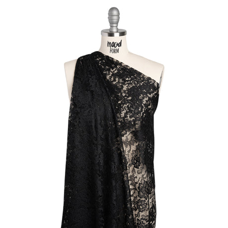 Raschel Lace with Finished Edges - Black Flowers and Leaves