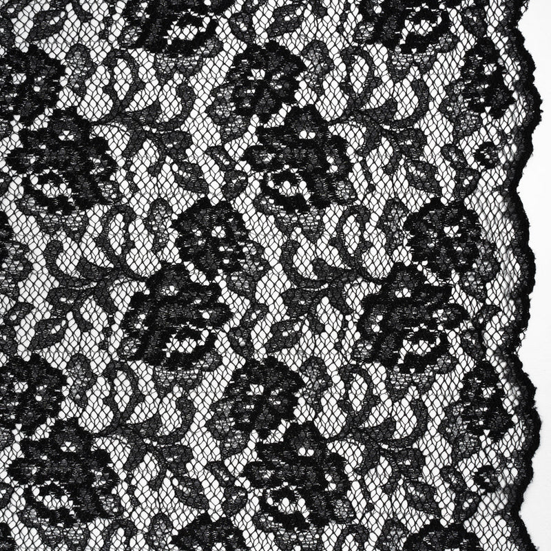 Raschel Lace with Finished Edges - Black Flowers and Leaves