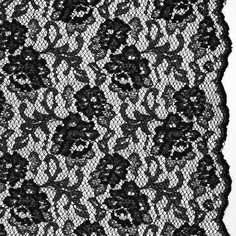 Raschel Lace with Finished Edges - Black Flowers and Leaves