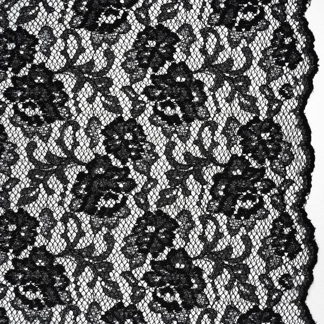 Raschel Lace with Finished Edges - Black Flowers and Leaves