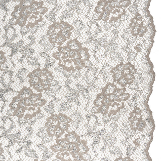 Metallic Raschel Lace with Finished Edges - Sandstone Gray and Silver Flowers and Leaves