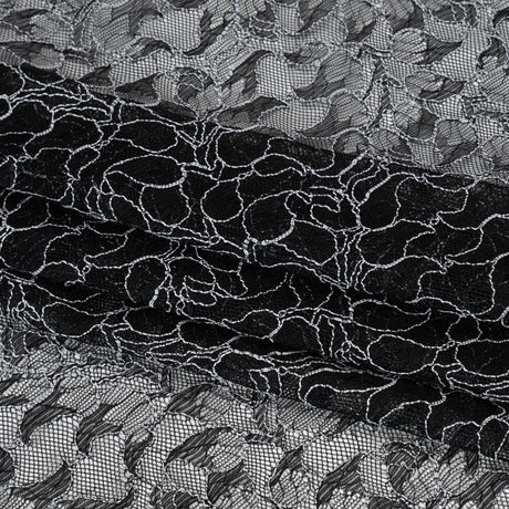 Corded Raschel Lace Panel with Finished Edges - Black and White Outlined Leaves
