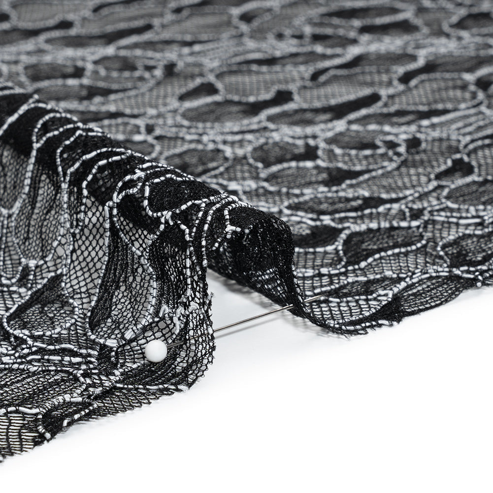 Corded Raschel Lace Panel with Finished Edges - Black and White Outlined Leaves