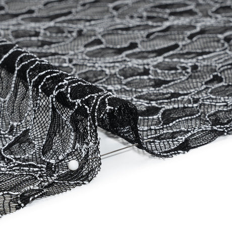 Corded Raschel Lace Panel with Finished Edges - Black and White Outlined Leaves