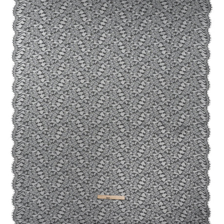 Corded Raschel Lace Panel with Finished Edges - Black and White Outlined Leaves