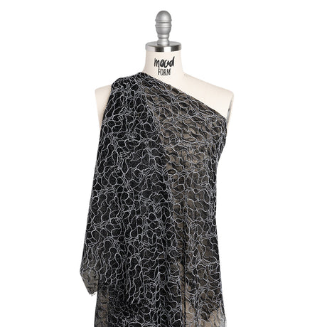 Corded Raschel Lace Panel with Finished Edges - Black and White Outlined Leaves