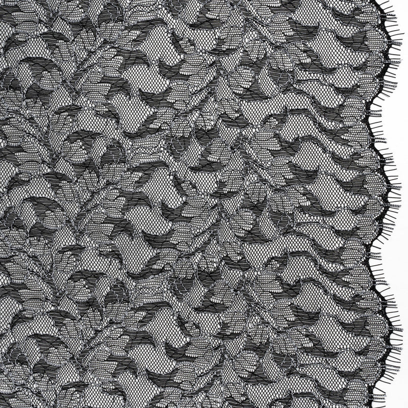 Corded Raschel Lace Panel with Finished Edges - Black and White Outlined Leaves