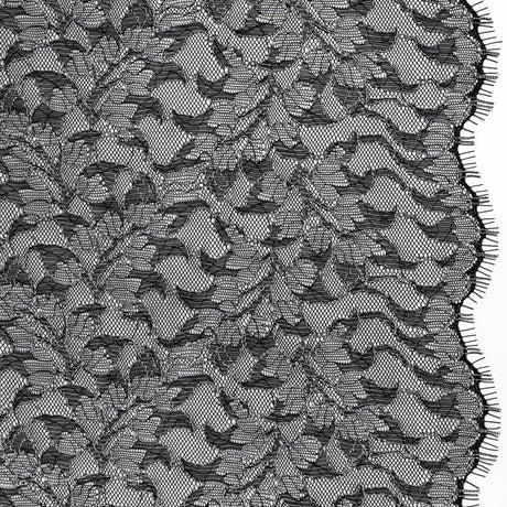 Corded Raschel Lace Panel with Finished Edges - Black and White Outlined Leaves