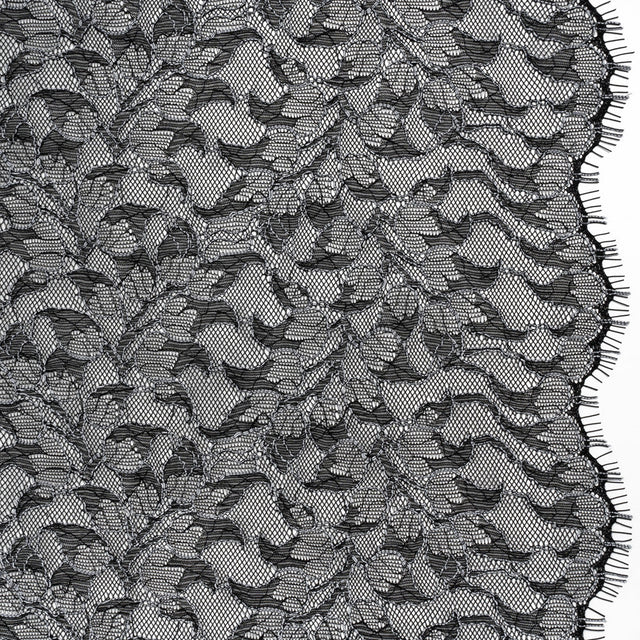 Corded Raschel Lace Panel with Finished Edges - Black and White Outlined Leaves