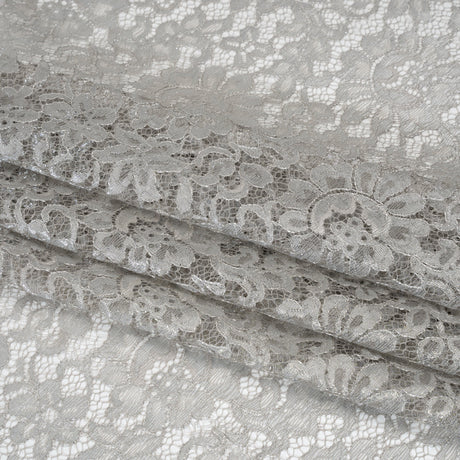 Luminous Delicate Raschel Lace Panel with Finished Edges - Sandstone Gray and Silver Blooming Flowers and Leaves