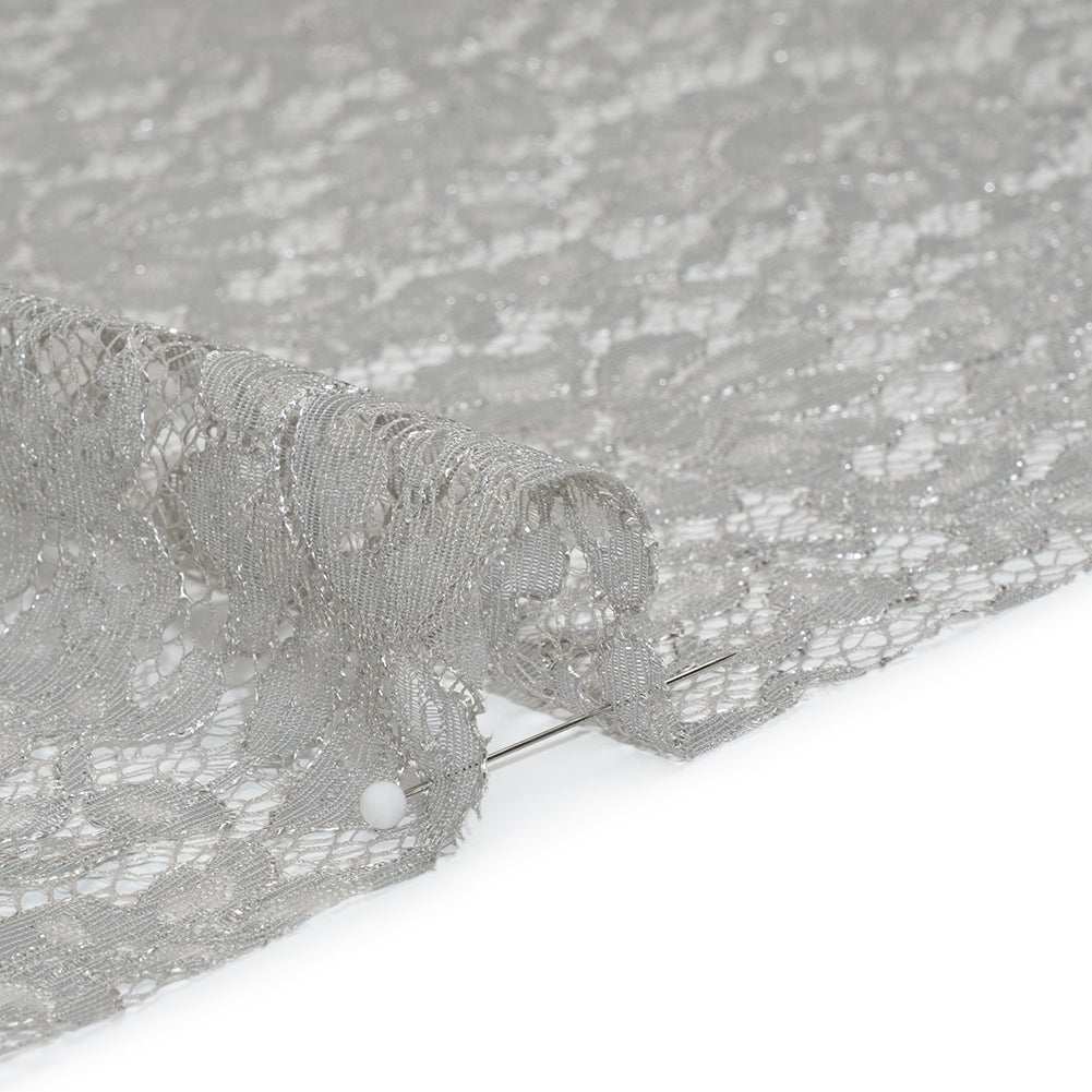 Luminous Delicate Raschel Lace Panel with Finished Edges - Sandstone Gray and Silver Blooming Flowers and Leaves