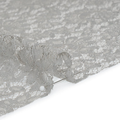 Luminous Delicate Raschel Lace Panel with Finished Edges - Sandstone Gray and Silver Blooming Flowers and Leaves
