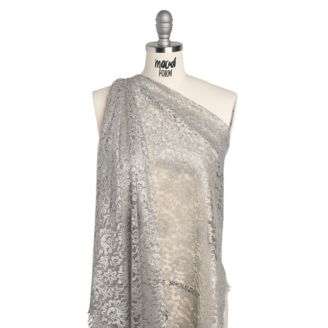Luminous Delicate Raschel Lace Panel with Finished Edges - Sandstone Gray and Silver Blooming Flowers and Leaves