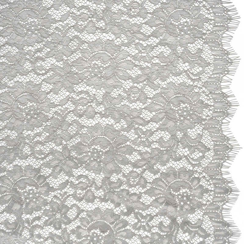 Luminous Delicate Raschel Lace Panel with Finished Edges - Sandstone Gray and Silver Blooming Flowers and Leaves