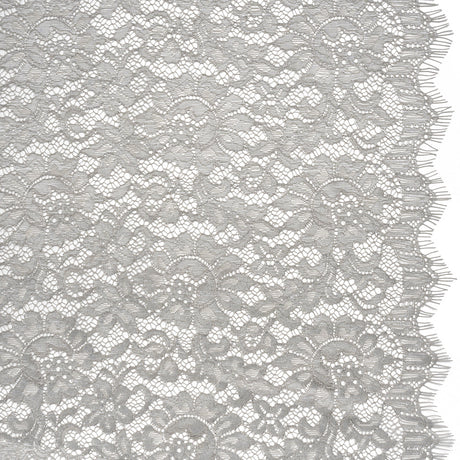 Luminous Delicate Raschel Lace Panel with Finished Edges - Sandstone Gray and Silver Blooming Flowers and Leaves