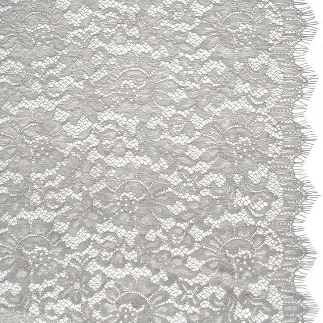 Luminous Delicate Raschel Lace Panel with Finished Edges - Sandstone Gray and Silver Blooming Flowers and Leaves
