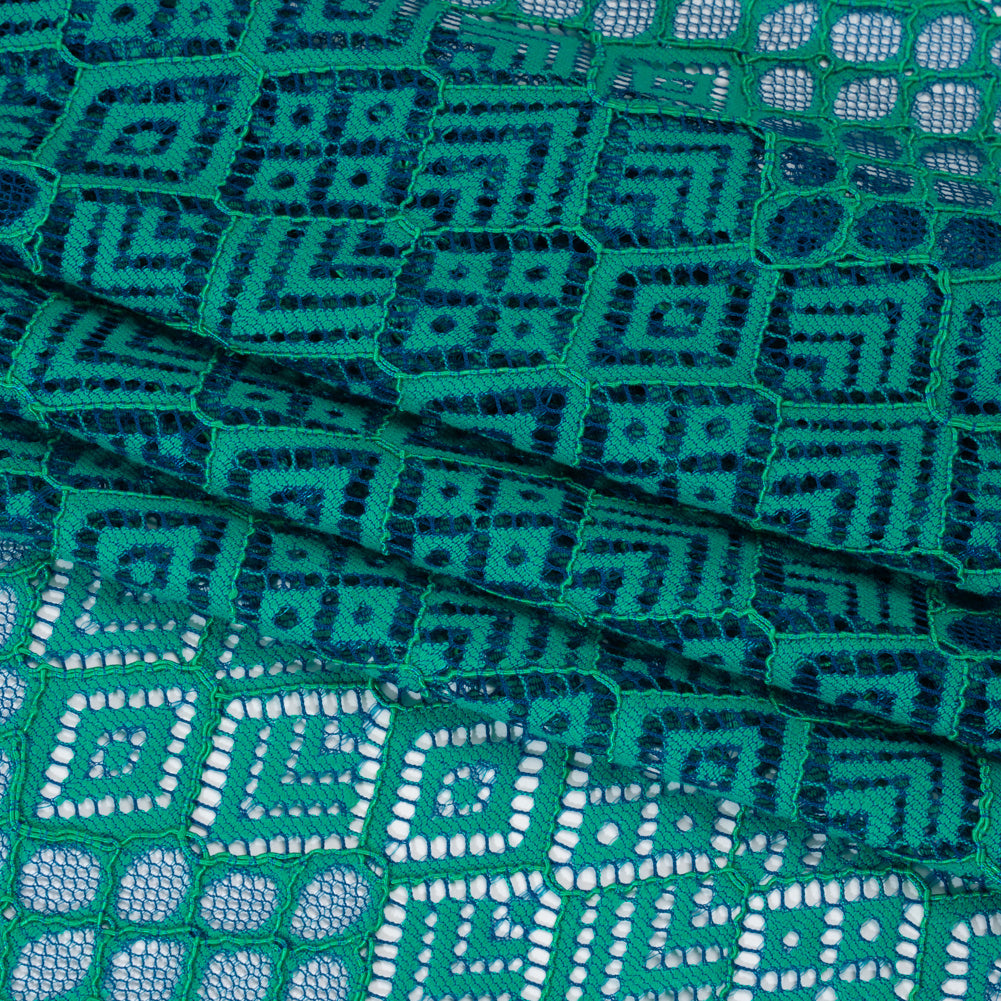 Corded Lace with Finished Edges - Blue and Teal Decorated Diamond Stripes
