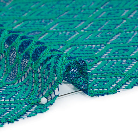 Corded Lace with Finished Edges - Blue and Teal Decorated Diamond Stripes