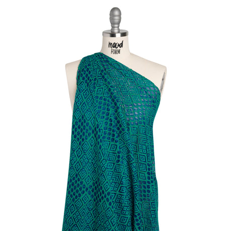 Corded Lace with Finished Edges - Blue and Teal Decorated Diamond Stripes
