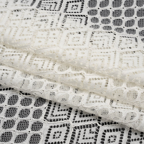 Corded Lace with Finished Edges - Ivory Decorated Diamond Stripes