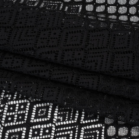 Corded Lace with Finished Edges - Black Decorated Diamond Stripes