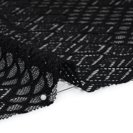 Corded Lace with Finished Edges - Black Decorated Diamond Stripes