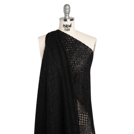 Corded Lace with Finished Edges - Black Decorated Diamond Stripes