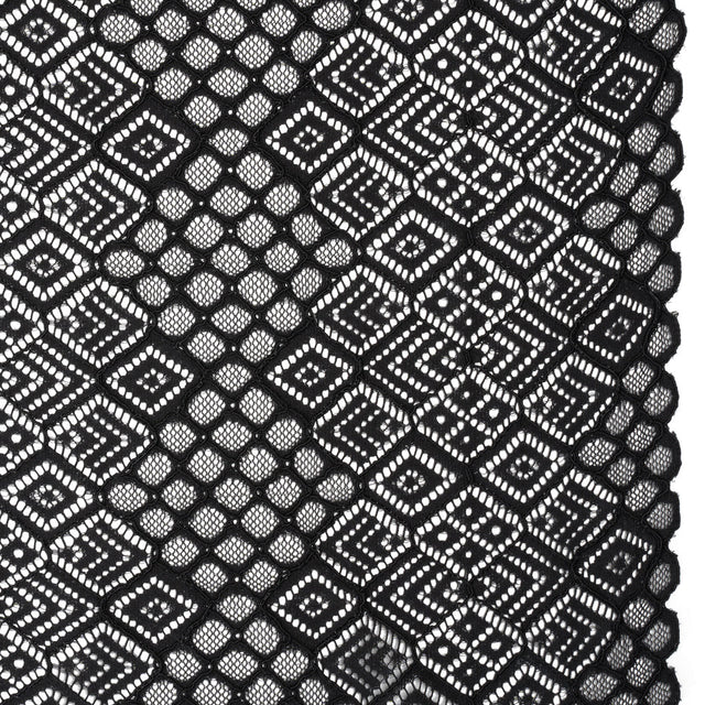 Corded Lace with Finished Edges - Black Decorated Diamond Stripes
