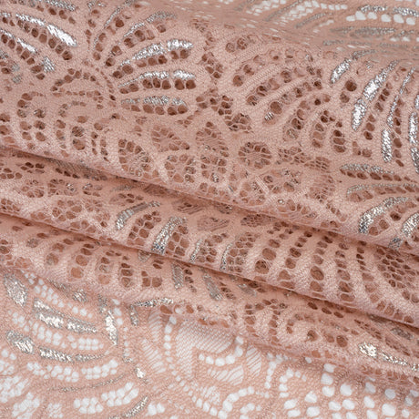 Metallic Raschel Lace Panel with Finished Edges - Blush and Silver Swirling Fans
